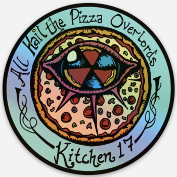 A round sticker with an eyeball on a pizza surrounded by the text "All Hail the Pizza Overlords"